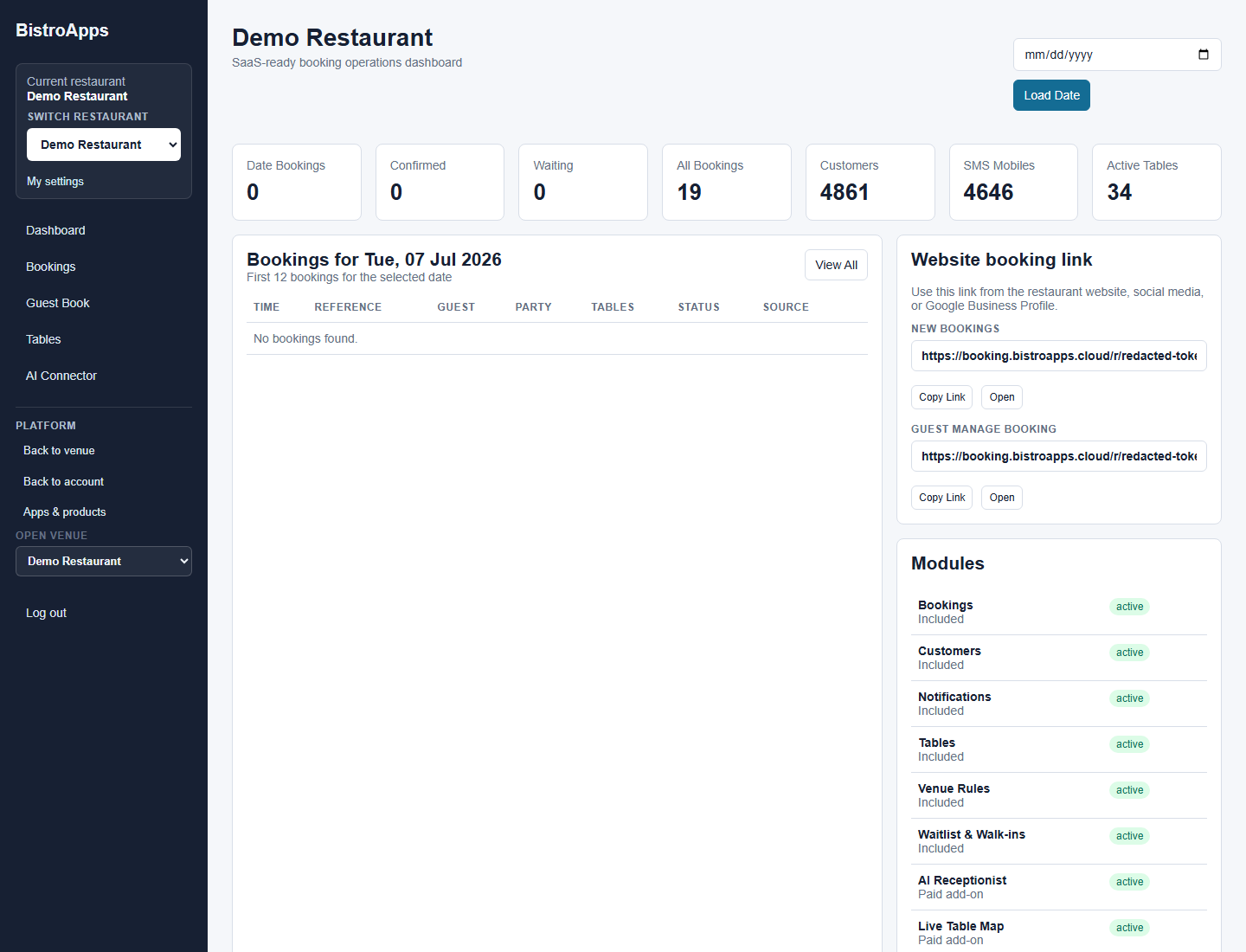 Booking System authenticated product screenshot with private details masked