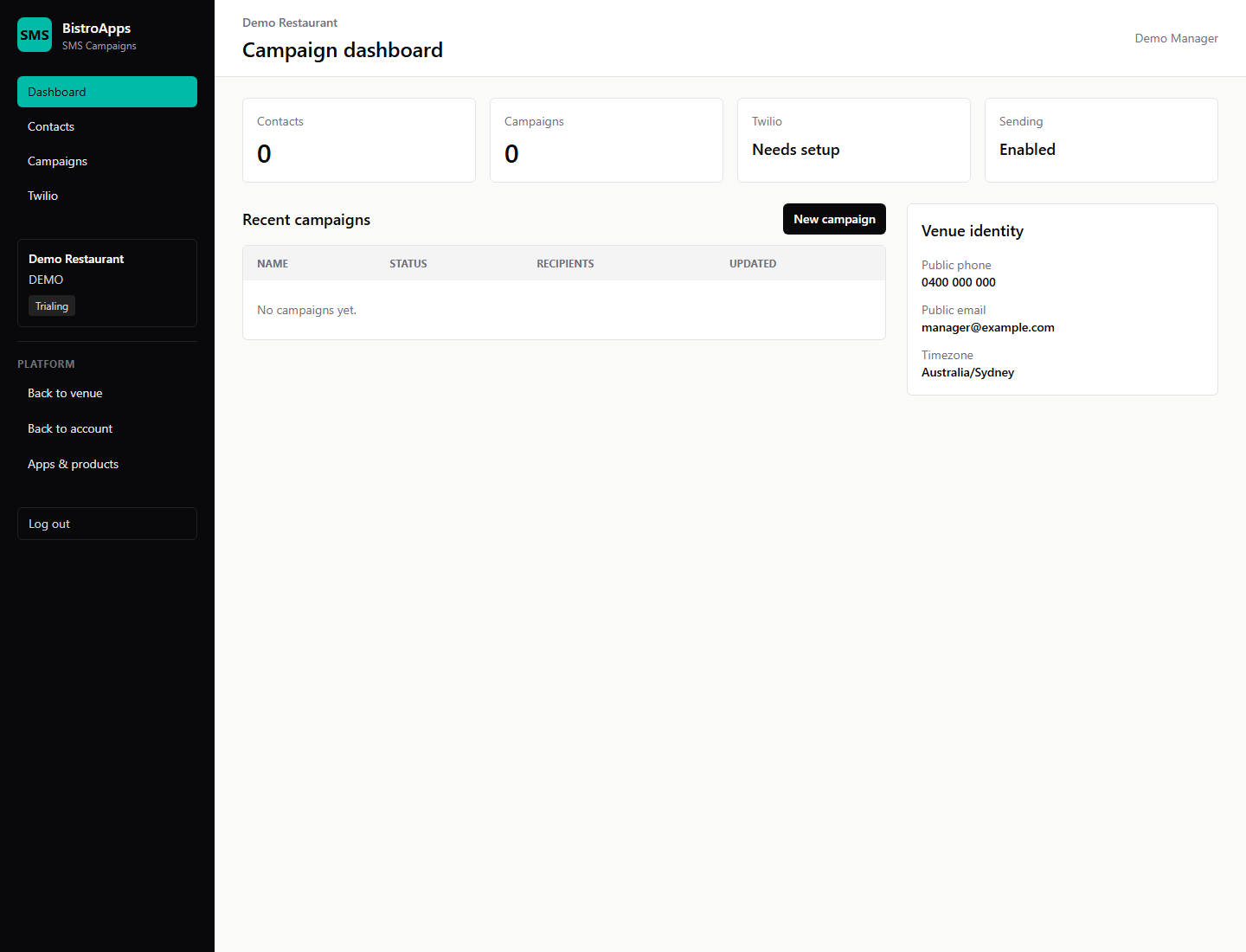 SMS Campaigns authenticated product screenshot with private details masked